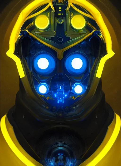 Prompt: symmetry!! portrait of man with black hood, sci - fi, tech wear, blue and yellow glowing lights!! intricate, elegant, highly detailed, digital painting, artstation, concept art, smooth, sharp focus, illustration, art by artgerm and greg rutkowski and alphonse mucha