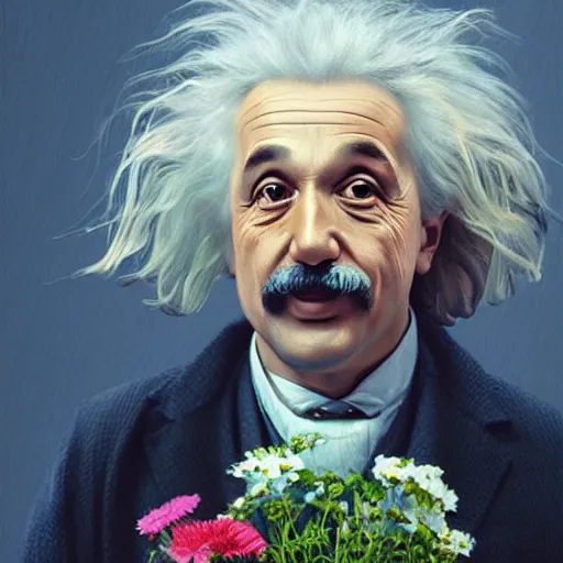 Image similar to portrait of einstein, holding a bouquet of flowers ， exude an eternity ， hyperrealistic, by beeple, greg rutkowski, caspar david friedrich, smooth, illustration, elegant, artstation, digital painting.