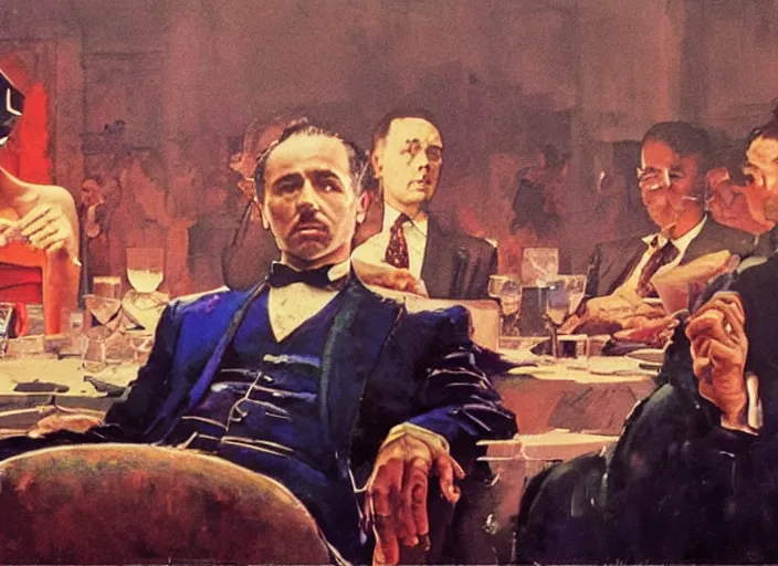 Prompt: a still from the movie godfather by of francis bacon and norman rockwell and james jean, a still from the movie thor : ragnarok, mark brooks, triadic color scheme, by greg rutkowski, syd mead and edward hopper and norman rockwell and beksinski, dark surrealism, orange and turquoise ans purple
