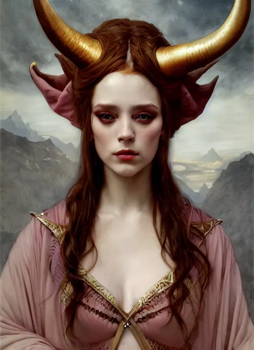 Prompt: horns queen demon, elegant, wearing a royal robe, hyper realistic, extremely detailed, dnd character art portrait, fantasy art, dramatic lighting, vivid colors, artstation, by edgar maxence and caravaggio and michael whelan and delacroix, lois van baarle and bouguereau