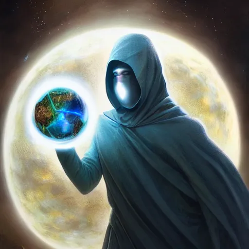 Image similar to creator of worlds wearing a cloak, masked, and holding a holographic planet projection in his hand, detailed, sci - fi, digital painting, artstation, sharp focus, illustration, ominous, artgerm, tomasz alen kopera, peter mohrbacher, donato giancola, joseph christian leyendecker, wlop, frank frazetta