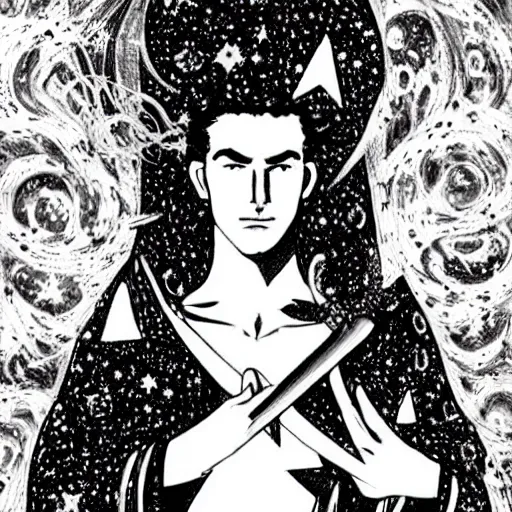 Image similar to black and white pen and ink!!!!!!! Young Guy Madison wearing cosmic space robes made of stars final form flowing royal!!! mage hair golden!!!! Vagabond!!!!!!!! floating magic swordsman!!!! glides through a beautiful!!!!!!! Camellia!!!! Tsubaki!!! death-flower!!!! battlefield behind!!!! dramatic esoteric!!!!!! Long hair flowing dancing illustrated in high detail!!!!!!!! by Moebius and Hiroya Oku!!!!!!!!! graphic novel published on 2049 award winning!!!! full body portrait!!!!! action exposition manga panel black and white Shonen Jump issue by David Lynch eraserhead and beautiful line art Hirohiko Araki!! Rossetti, Millais, Mucha, Kentaro Miura, Jojo's Bizzare Adventure!!