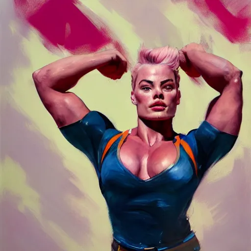 Image similar to greg manchess portrait of margot robbie as thick very muscular weightlifter zarya from overwatch with ponytail and curly pink hair, eyes closed, medium shot, asymmetrical, profile picture, organic painting, sunny day, matte painting, bold shapes, hard edges, street art, trending on artstation, by huang guangjian and gil elvgren and sachin teng