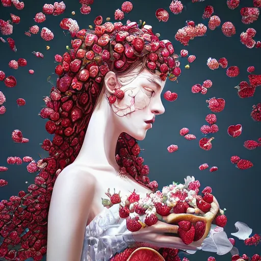 Image similar to the portrait of an absurdly beautiful, graceful, elegant, sophisticated, fashionable young woman made of strawberries and white petals with tears, an ultrafine hyperdetailed illustration by kim jung gi, irakli nadar, intricate linework, bright colors, octopath traveler, final fantasy, unreal engine 5 highly rendered, global illumination, radiant light, detailed and intricate environment