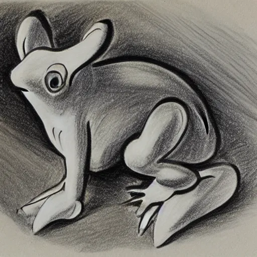 Prompt: drawing from 1 9 2 0's disney animation, white paper, black & white, frog rabbit on a table, antler