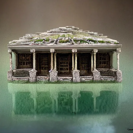 Image similar to uncanny otherworldly lake settee portico, by camille - pierre pambu bodo and h. p. lovecraft, tilt shift, detailed painting