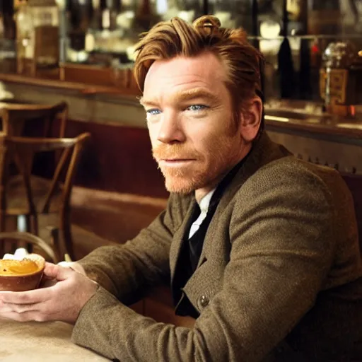 Image similar to ewan mcgregor talking to his brown cat in early 2 0 th century cafe in paris.