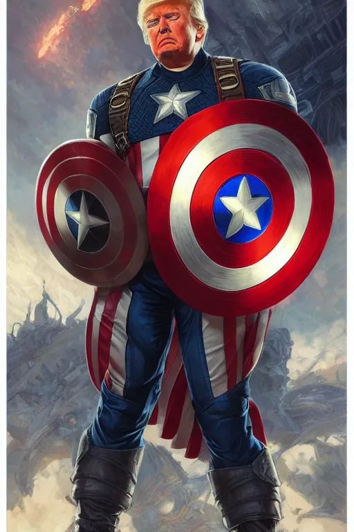 Image similar to Donald Trump as Captain America full body portrait, D&D, fantasy, intricate, elegant, highly detailed, digital painting, artstation, concept art, matte, sharp focus, illustration, art by Artgerm and Greg Rutkowski and Alphonse Mucha