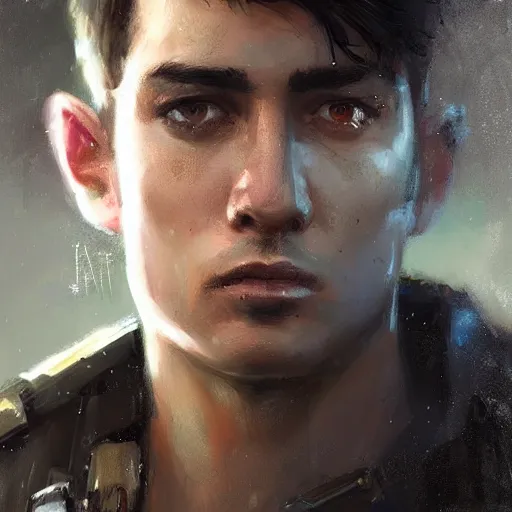 Image similar to Portrait of a man by Greg Rutkowski, he is about 20 years old, mixture turkish and russian, short dark blonde hair with bangs, attractive, angry but resigned look, he is wearing a futuristic tactical gear, highly detailed portrait, scifi, digital painting, artstation, concept art, smooth, sharp foccus ilustration, Artstation HQ.