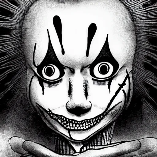 Prompt: junji ito's It (2018), manga panel, clown, black and white,