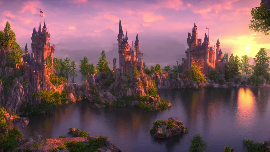 Image similar to fantasy castle with lake in sunset by mark adamus, fantasy artwork, very very very beautiful scenery, hd, hdr, ue5, ue6, unreal engine 5, cinematic 4k wallpaper, 8k, ultra detailed, high resolution, artstation, award winning