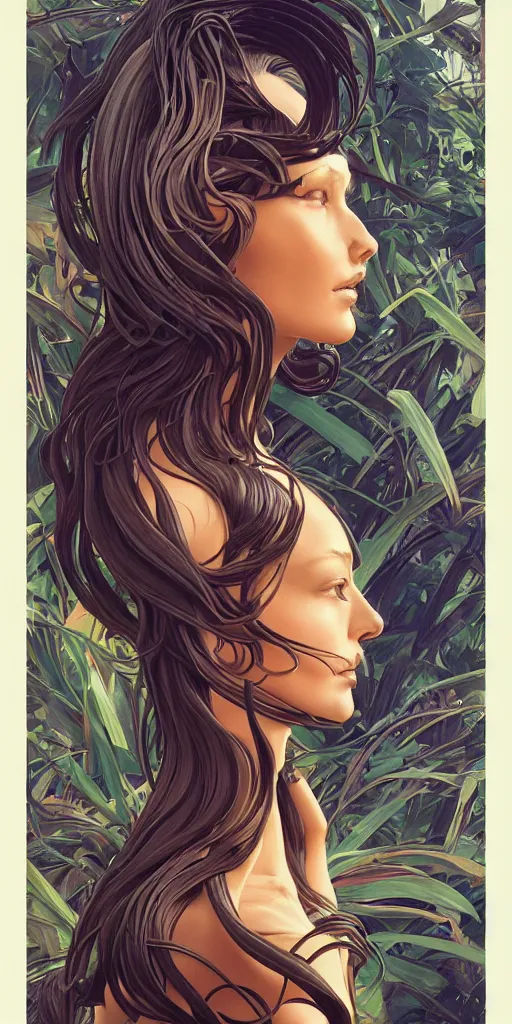 Prompt: a sculpture of mythical creatures by syd mead, elegant and unusually large beautiful female face emerging from the jungle, intricate, elegant, highly detailed, digital painting by audrey kawasaki, artstation, concept art, ambient occlusion, vray render,