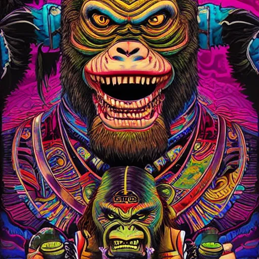 Image similar to barong family member faced jim carrey, jim carrey!, wiwek, mara demon, one single tribe member, jungle, one single mask, dark, ancient warrior, grumpy gorilla, violence blood, tribal, inner glow, art by dan mumford and justin gerard