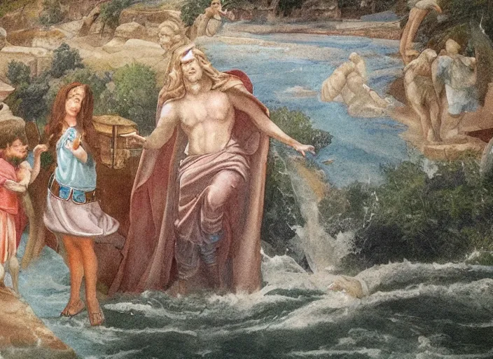 Prompt: Belle Delphine being christened in the river Jordan, fresco on a church wall