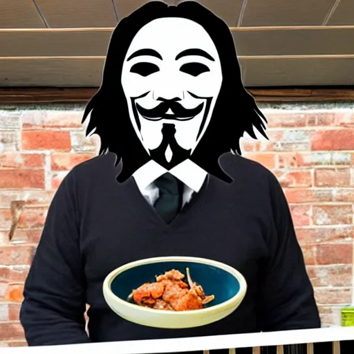 Image similar to man with guy fawkes mask eating pork - chop