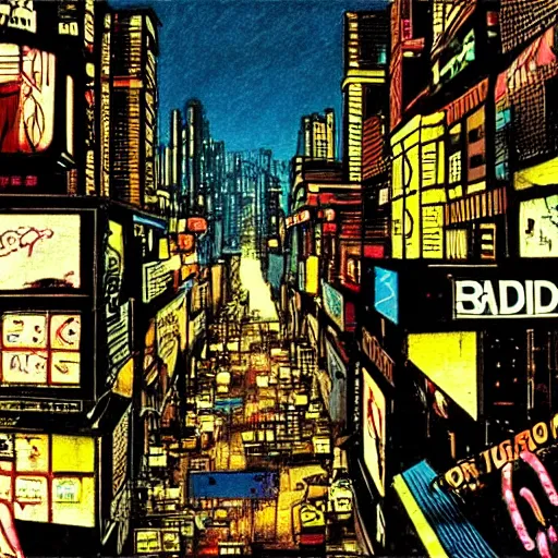 Image similar to blader runner city, weathered drawing, film grain, bright neon lighting, dark pastel colors, drawn by satoshi kon, katsuhiro otomo