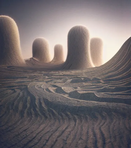 Prompt: surreal theory of the massive inverted roots labyrinth, unfinished outdated vertical roots of white sand, futuristic tower, futuritic architecture, ancient epic tower in the desert, biroremediation plant, foggy sky, dark night, a little bit of patchy cactus, octane render, unreal engine, pale colors, high detail, 8 k, wide angle, trending on artstation, behance