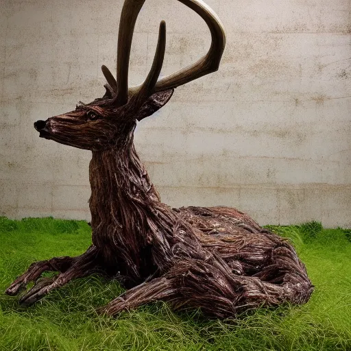 Prompt: hyperealistic sculpture of a monstrous deer with rusty pipes extruding from its body, body horror, living bodies, scary, disturbing, static noise, eerie, SCP Foundation, realistic creepypasta, found footage, living creature