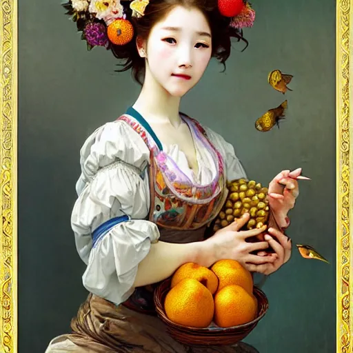 Prompt: a masterpiece ultrarealistic ultradetailed portrait of beautiful love fishmonger girl on fruits street market baroque renaissance. medium shot, intricate, elegant, by stanley artgerm lau, wlop, alphonse mucha, rossdraws, andrei riabovitchev, yoshitaka amano. flower background my james jeand and takashi murakami.