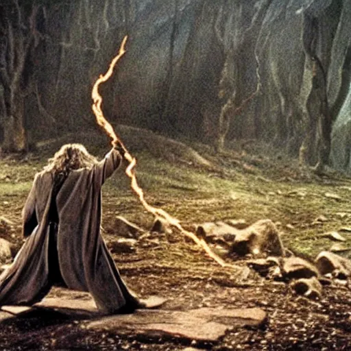 Image similar to shamanic ritual run by gandalf, a scene from lord of the rings,