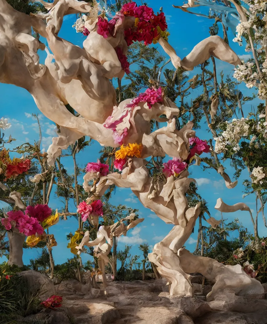 Image similar to a cowboy turning into blooms by slim aarons, by zhang kechun, by lynda benglis. tropical sea slugs, angular sharp tractor tires. complementary bold colors. warm soft volumetric dramatic light. national geographic. 8 k, rendered in octane, smooth gradients. angular sculpture by antonio canova by gian lorenzo bernini.