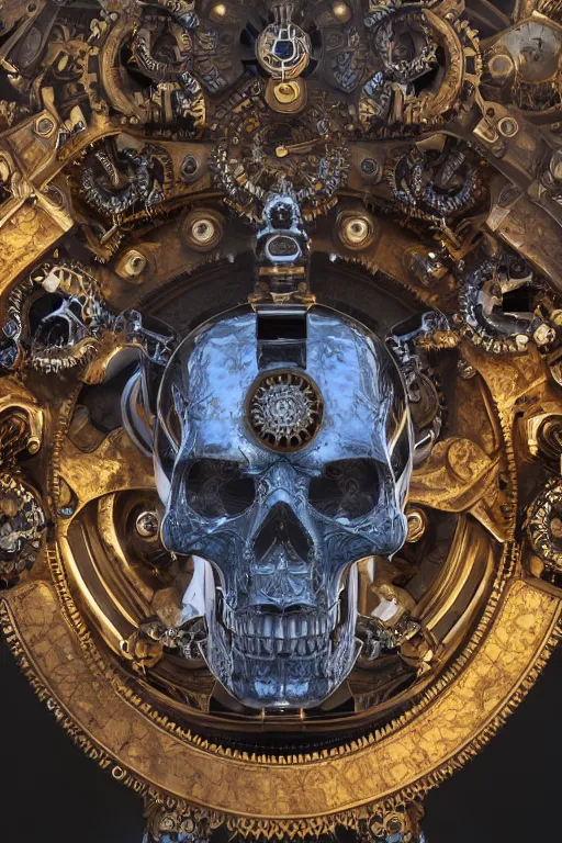 Image similar to hyperrealistic 3d render ultra detailed of a skull, art deco, steam punk, intricate gears details, hyperrealistic, Volumetric lighting, ultra detailed, elegant, octane render, blue and gold, 8k, trending on Artstation, unreal engine