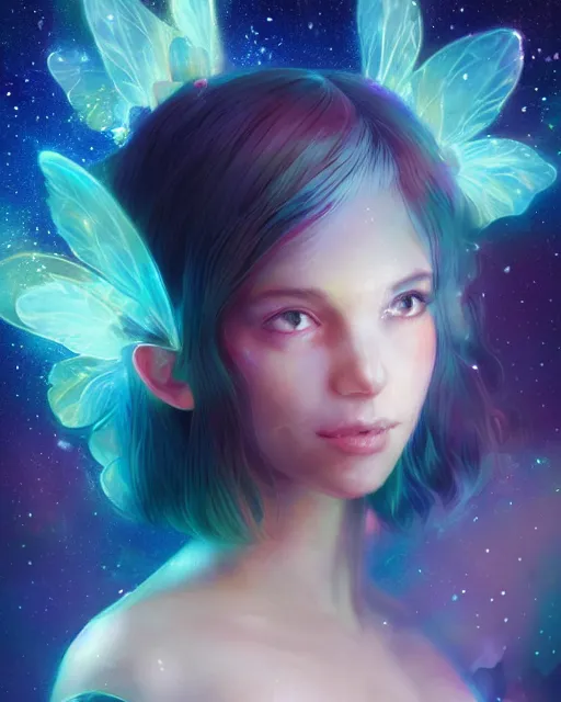 Prompt: a detailed image of an attractive!!!! girl with psychedelic! fairy wings holding!! a crystal!! containing all of reality and galaxies, by greg rutkowski artgerm ross tran ilya kuvshinov. volumetric lighting, digital art, subtle and detailed