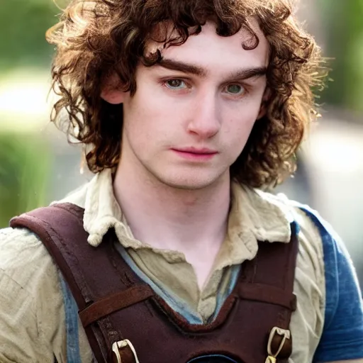 Image similar to british lad with short curly dark brown hair as a hobbit wearing a white men's crossbody sling chest bag and blue vest