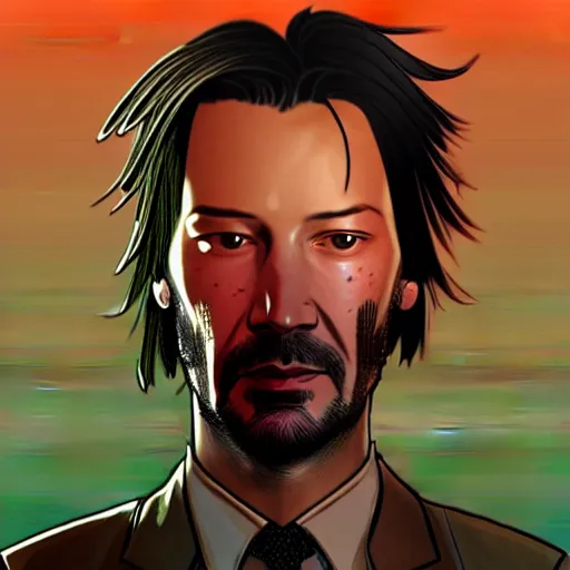 Image similar to keanu reevez in the art style of disco elysium