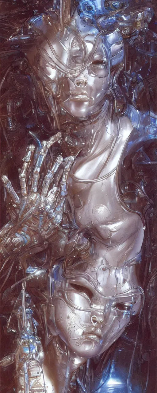 Image similar to a robotic goddess with transparent skin, highly detailed, futuristic, laser lit, digital painting, smooth, sharp, beautiful face, expressive eyes, highly intricate, art by Boris Vallejo and H.R. Giger