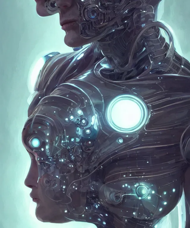 Image similar to a man turning into an Android portrait wearing a part cybernetic body, surrealism , scifi, intricate, elegant, sharp eyebrows, highly detailed cybernetic body, neon glowing eyes, digital painting, artstation, concept art, smooth, sharp focus, illustration, art by Artgerm and moebius and Peter Mohrbacher