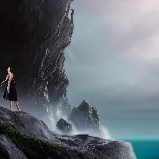 Prompt: photograph with stylish lens effect, pixar inspired, stylistic lighting, 1 9 8 0's action moviee style, weta digital, octane render, a woman in a black dress and a hair covering standing in the cliffside entrance to a cave alongside crashing dramatic ocean waves with sea foam and sea spray