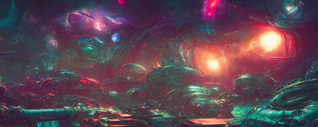 Prompt: ” massive cybernetic cosmic tentacles in space, [ art by paul lehr, cinematic, detailed, epic, widescreen, opening, establishing, mattepainting, photorealistic, realistic textures, octane render ] ”