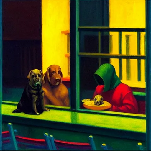 Image similar to “ nighthawks by edward hopper, but with dogs in the cafe.