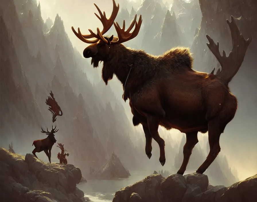 Prompt: concept art of a fantasy moose mount, d & d, fantasy, art nouveau, digital painting, trending on artstation, sharp focus, illustration, global illumination, ray tracing, art by artgerm and greg rutkowski and ruan jia