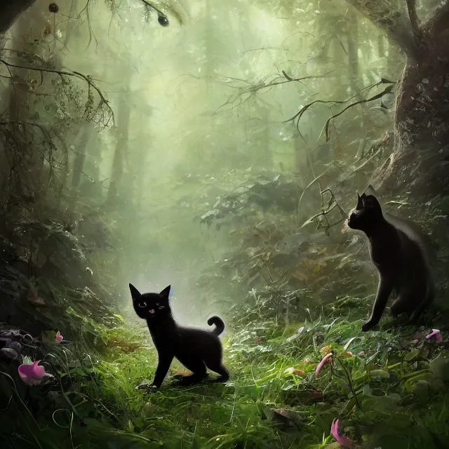 Image similar to a beautiful painting of a cute black kitten in a forest. big eyes. pixar character design by cory loftis, fenghua zhong, ryohei hase, ismail inceoglu and ruan jia. artstation, volumetric light, detailed, photorealistic, rendered in octane