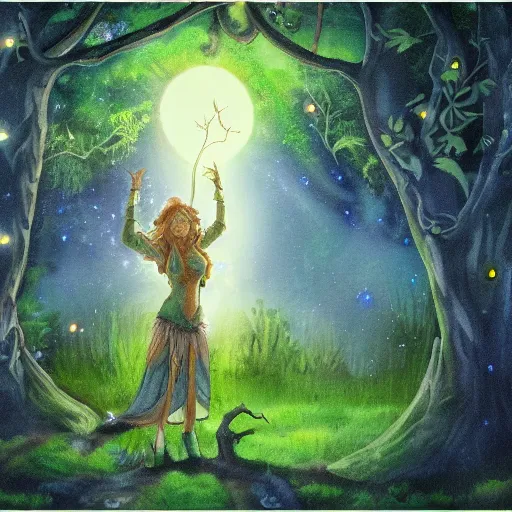 Image similar to female druid casting spells in an enchanted forest, fireflies, moonlight. fantasy art.