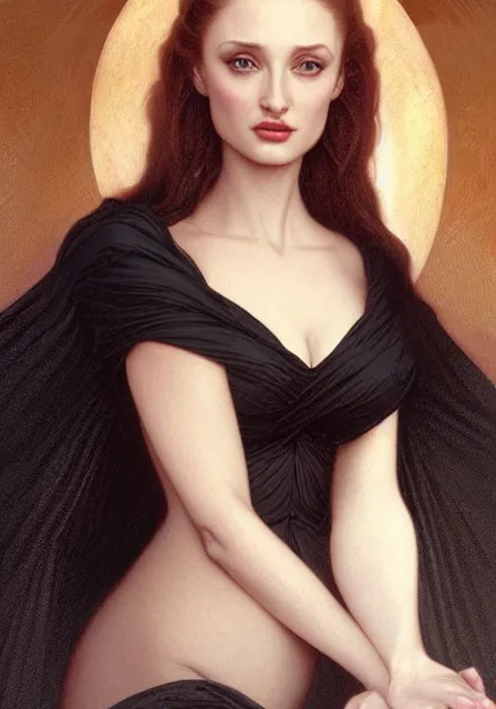 Prompt: sansa angeline jolie gessica chastain in black, intricate, elegant, highly detailed, digital painting, artstation, concept art, smooth, sharp focus, illustration, art by artgerm and greg rutkowski and alphonse mucha and william - adolphe bouguereau