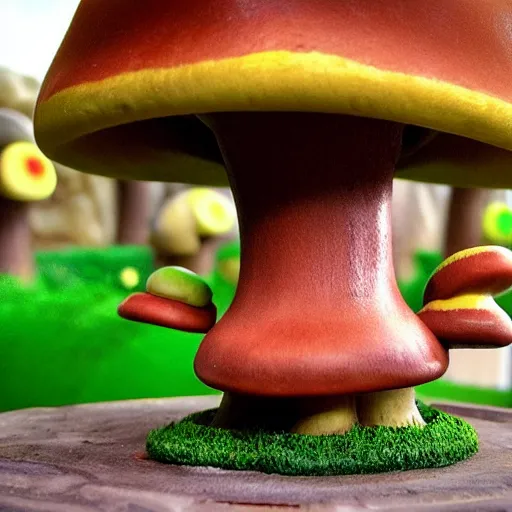 Prompt: a nature photograph of the mushroom from the super mario a museum a museum