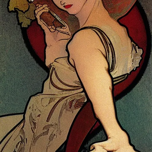 Image similar to cigarette in woman's hand painting by mucha