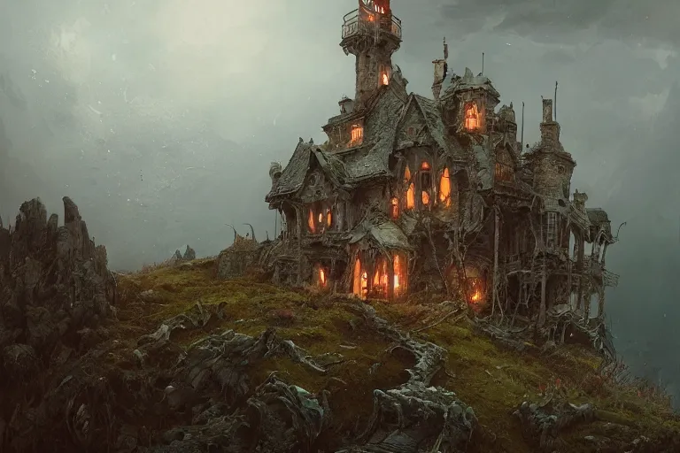 Image similar to unkind haunted house that hasn't been maintained properly sitting atop a narrow cliff on a bouncy hillside made of flesh and carrion remains, overlooking a grim ocean, digital painting by greg rutkowski and gaston bussiere, trending on artstation, cgsociety contest winner, zbrush, intricately defined, comprehensive art, 4 k