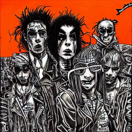 Image similar to punk album cover, black, white, orange, psychedelic, in the style of enki bilal,