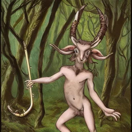 Image similar to faun animal with horns playing a flute in the forest, style of Guillermo Del Toro