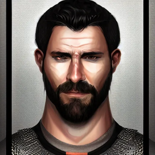 Prompt: realistic portrait, 30 year old man, spanish :: athletic, angered, short black hair :: chain mail, hauberk :: high detail, digital art, RPG, concept art, illustration