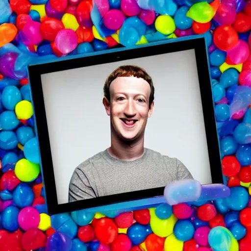 Prompt: mark zuckerberg is inside a computer monitor, handsome bearded man has a birthday cake, happy birthday, confetti, cake, balloons