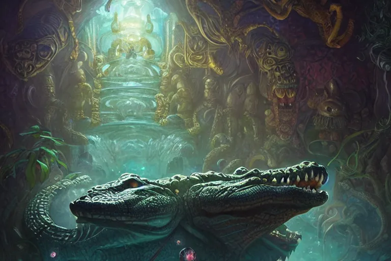 Prompt: crocodile god temple, dark water, gemstones and treasures, deep focus, d & d, fantasy, intricate, elegant, highly detailed, digital painting, artstation, concept art, matte, sharp focus, illustration, hearthstone, art by artgerm and greg rutkowski and alphonse mucha