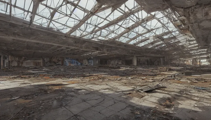 Prompt: Abandoned huge long-abandoned shopping center covered by dust, collapsed ceiling, floating dust, hyperdetailed, artstation, cgsociety, 8k