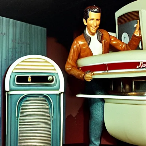 Image similar to diorama of fonzie next to a jukebox in a 1 9 5 0 s diner