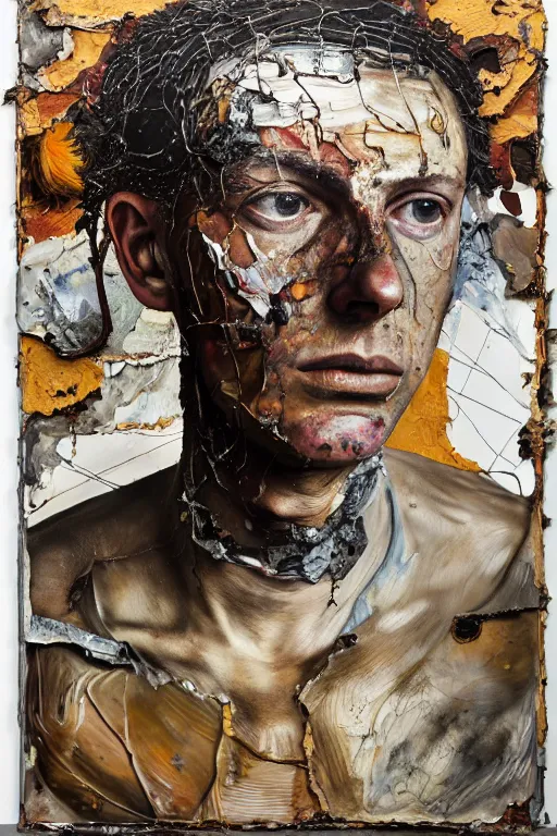 Image similar to a full length portrait of a very ordinary young man with a troubled expression, Anselm Kiefer and Lucian Freud and Jenny Saville, oil painting, rust, Scaffolding, rusted metal and sunflowers, iron cladding, decay, mixed media, textured, anatomically correct, beautiful perfect face, visible brushstrokes, sharp focus, Highly Detailed, photographic emulsion cracked and peeling, Cinematic Lighting, 8k, HD