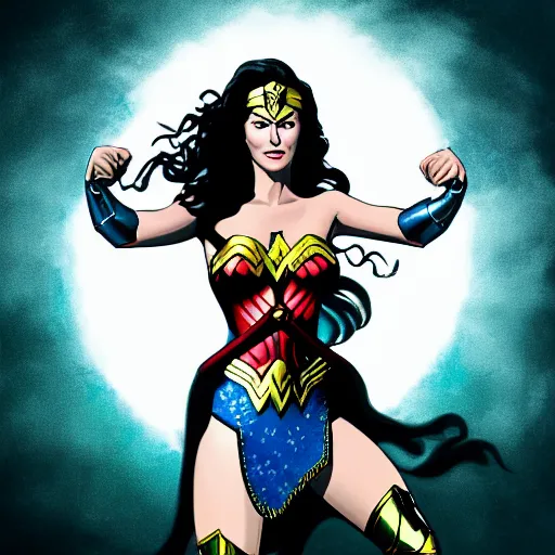 Image similar to highly detailed painting of wonder woman floating in the center, white hair, glowing green eyes, dark blue to white center background, 4 k, ultra realistic,
